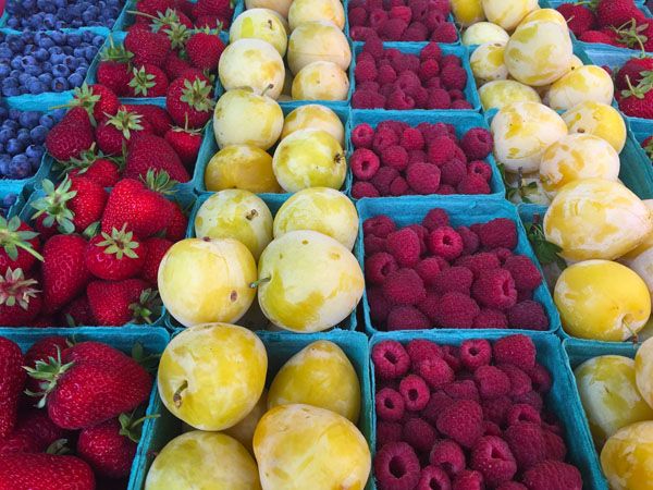 Fruit at the Laughing Apple Farm stall for sale at the Saturday market on Salt Spring